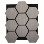 Gray wood-grain hexagonal tiles arranged in a honeycomb pattern on a black square backing.