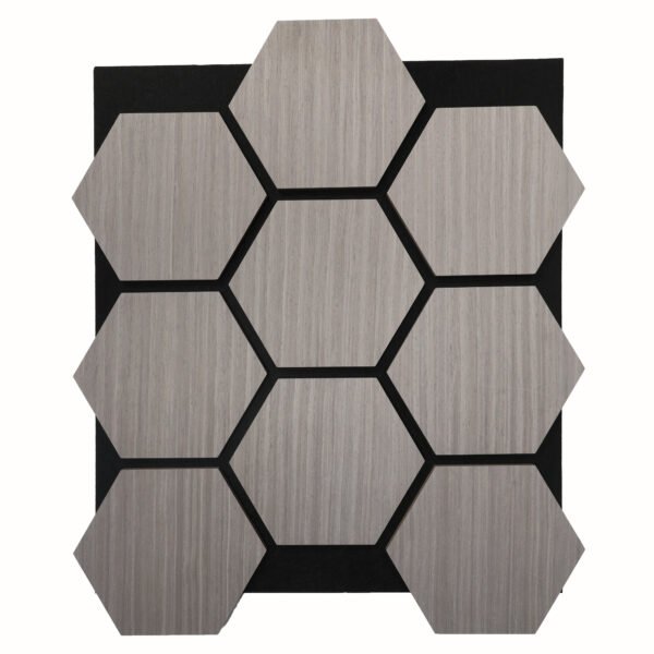Gray wood-grain hexagonal tiles arranged in a honeycomb pattern on a black square backing.