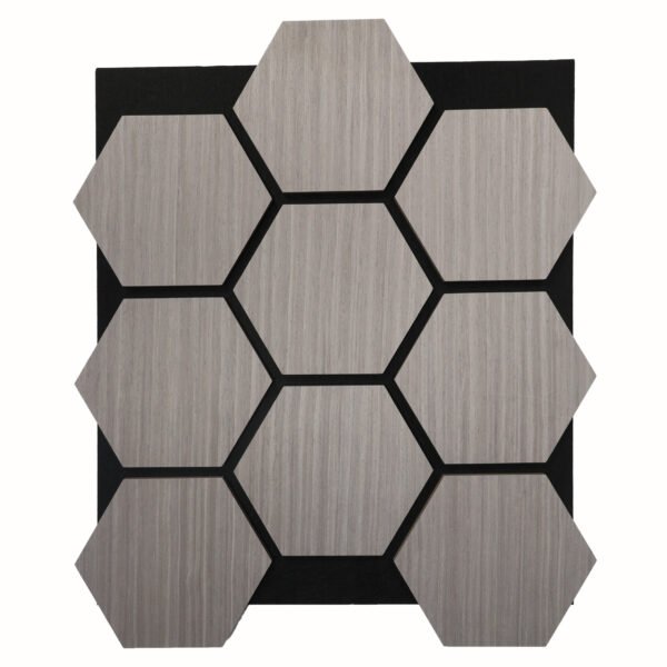 Gray wood-grain hexagonal tiles arranged in a honeycomb pattern on a black square backing.
