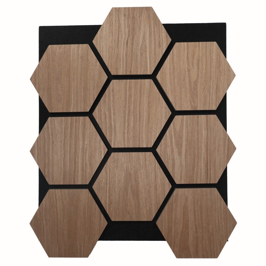 Wooden hexagon tiles arranged in a honeycomb pattern on a black backing.