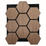 Wooden hexagon tiles arranged in a honeycomb pattern on a black backing.