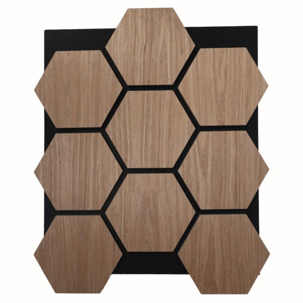 Wooden hexagon tiles arranged in a honeycomb pattern on a black backing.