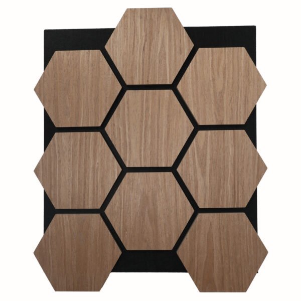 Wooden hexagon tiles arranged in a honeycomb pattern on a black backing.