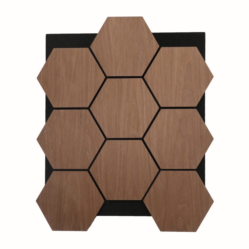 Wooden hexagonal tiles forming a honeycomb mosaic on a black backing board with visible wood grain and dark grout lines behind each tile, center-focused composition.