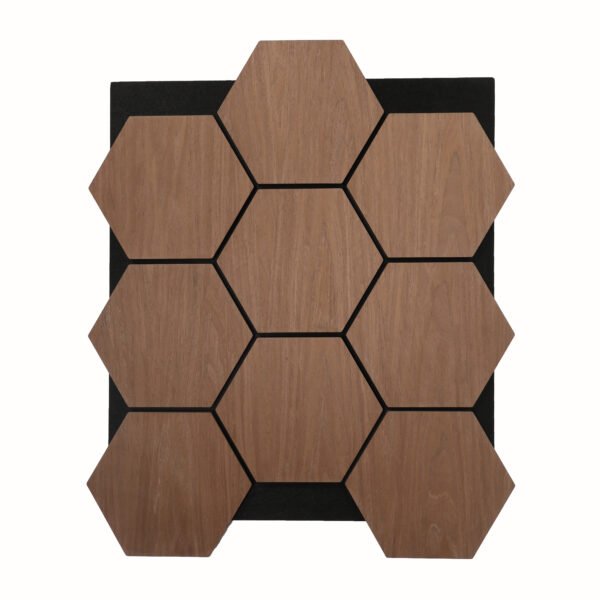Wooden hexagonal tiles forming a honeycomb mosaic on a black backing board with visible wood grain and dark grout lines behind each tile, center-focused composition.