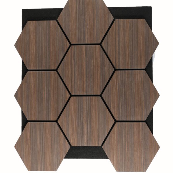 Wooden hexagonal tiles with visible grain arranged in a honeycomb pattern on a black backing area.